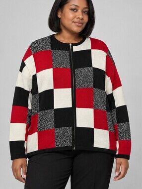 Dressbarn Colorblock Zip Cardigan Red Black Cream Acrylic XL